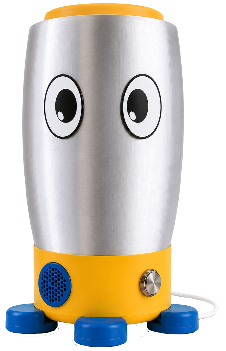 Holly, a brushed-metal classroom companion with big friendly eyes, a yellow base and blue feet